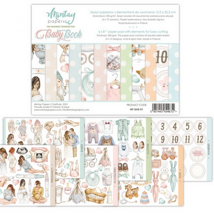 1/4 Set of double-sided Mintay Papers "Baby Book", 6 sheets, size 15x20 cm, 240 gr/m2
