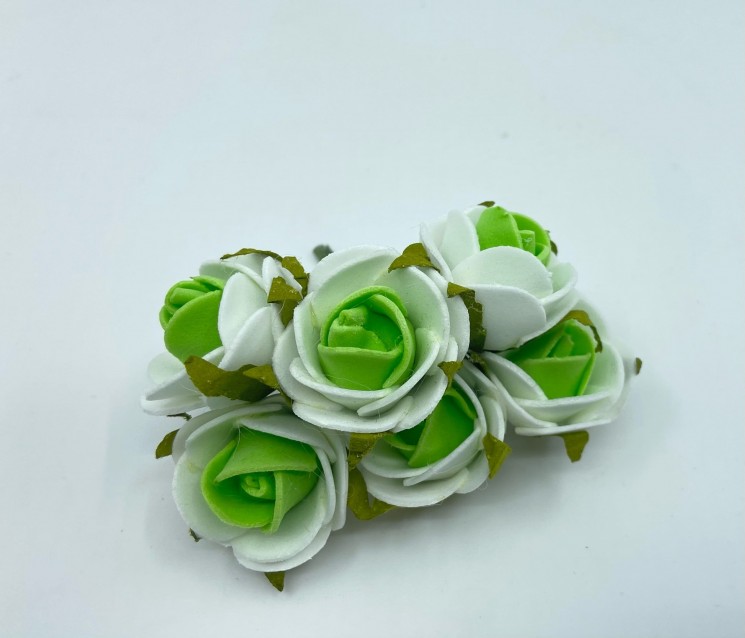 Two-tone foamiran roses "White+green", size 3.5 cm, 6 pcs