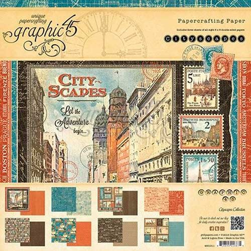 1/3 set of Graphic 45 paper, collection "City Scapes" 8 sheets, size 20x20 cm