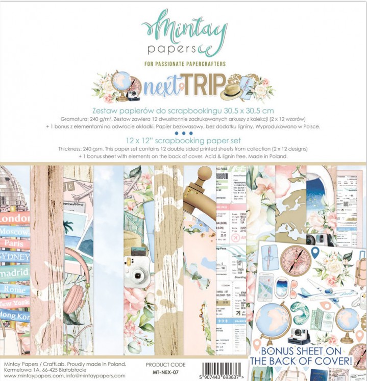 1/2 Set of double-sided Mintay Papers "Next Trip", 6 sheets, size 30.5x30.5 cm, 240 gr/m2