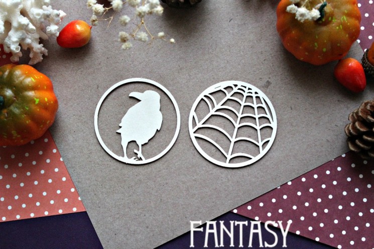 Chipboard Fantasy "Set of Spider Web and crow in the framework of 899" 2 pcs size 5.5*5.5 cm