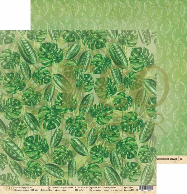 Двусторонний лист бумаги EcoPaper Тропикана "Монстера" размер 30,5*30,5см, 250гр