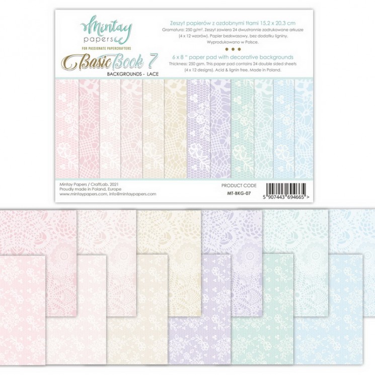 1/4 Set of double-sided Mintay Papers "Basic Book 7", 6 sheets, size 15x20 cm, 240 gr/m2