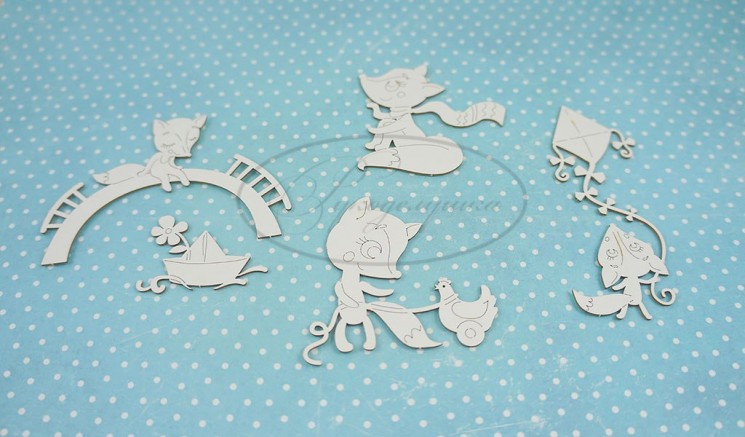 Chipboard Needlework "Hobbies of a fox cub", 5 elements