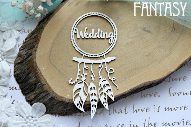 Chipboard Fantasy "Wedding inscription in a boho frame with feathers 792" size 12.9*5.6 cm