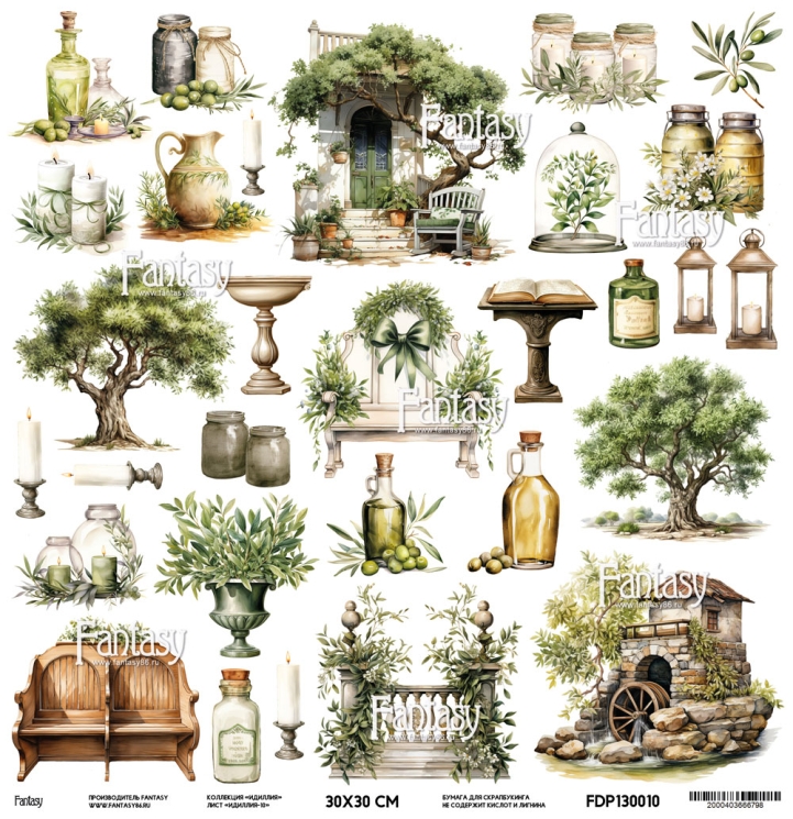 Односторонний лист бумаги FANTASY коллекция "Идиллия-10", размер 30*30см, 230 гр