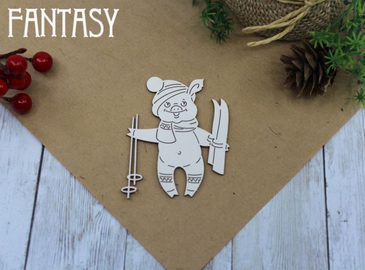 Chipboard Fantasy "Piggy with skis 653" size 4.5*6 cm