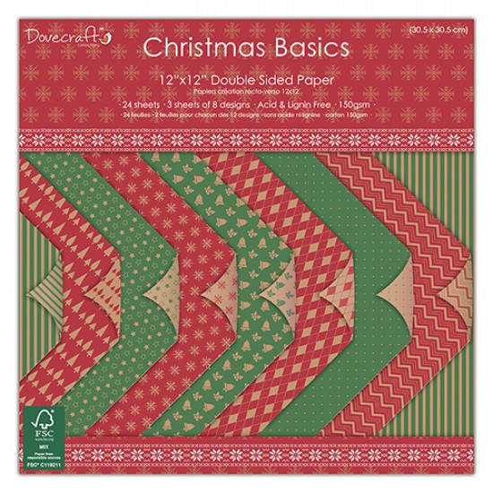 1/3 Set of double-sided Dovecraft "Christmas Basics" paper, 8 sheets, size 30x30 cm, 150 gr/m2