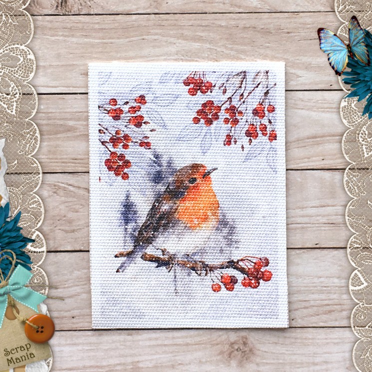 Fabric card " Snow cranberry. Bird " size 6.5*9 cm (ScrapMania)