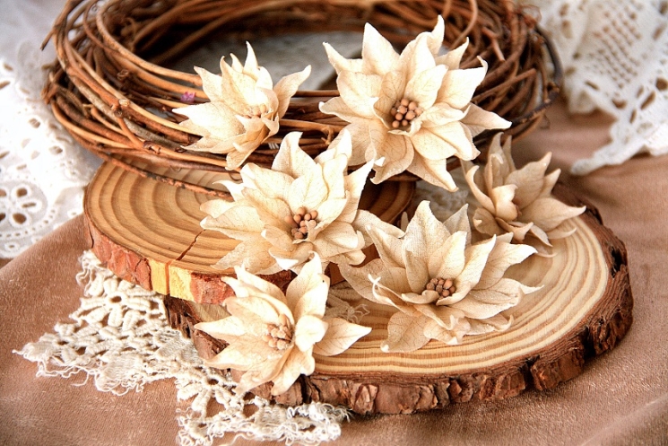 Набор цветов из ткани ручной работы Rosalina пуансеттии "Аромат корицы", 6 цветочков от 4 до 6 см 