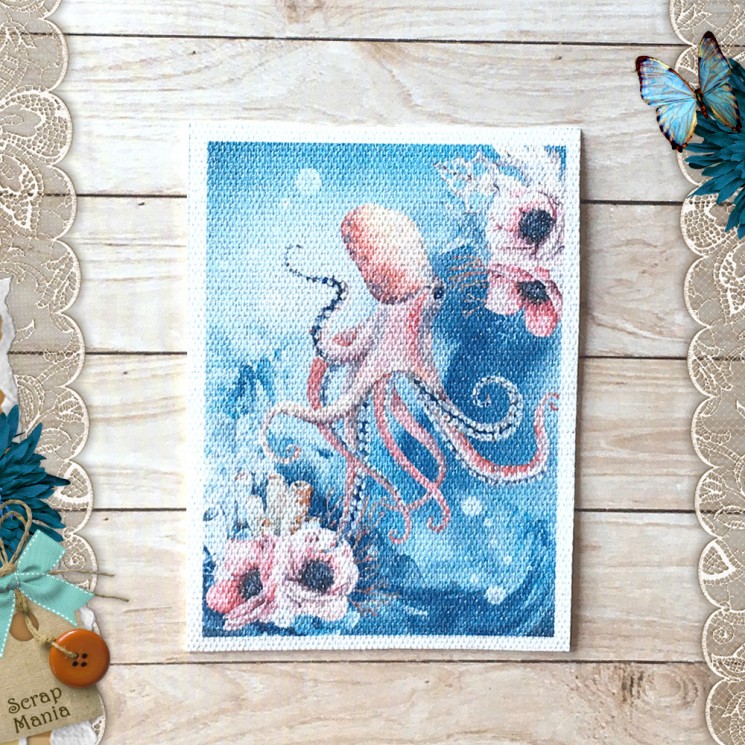 Fabric card "The Sea, I missed you. Octopus " size 6.5*9 cm (ScrapMania)