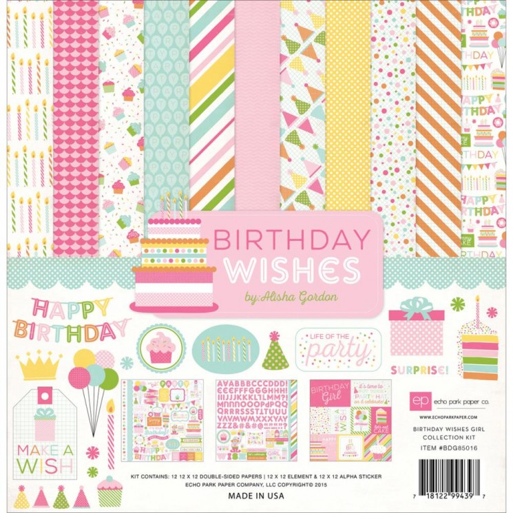 Echo Park "Birthday Wishes Girl" double-sided paper set, 12 sheets, size 30x30 cm, 180g /m2