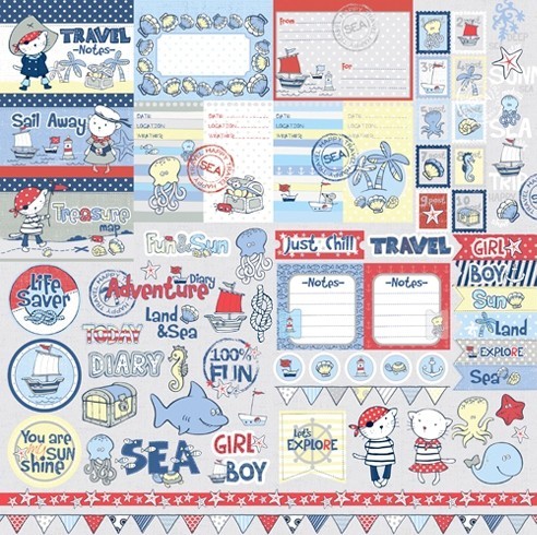 Double-sided sheet of paper Scrapberry's Sea adventures "Cards", size 30x30 cm, 190 g/m2 (ENG)