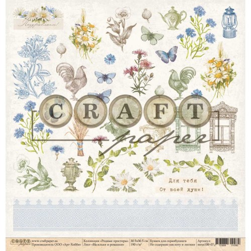 One-sided sheet of paper CraftPaper Native spaces "Cornflowers and daisies" size 30.5*30.5 cm, 190gr
