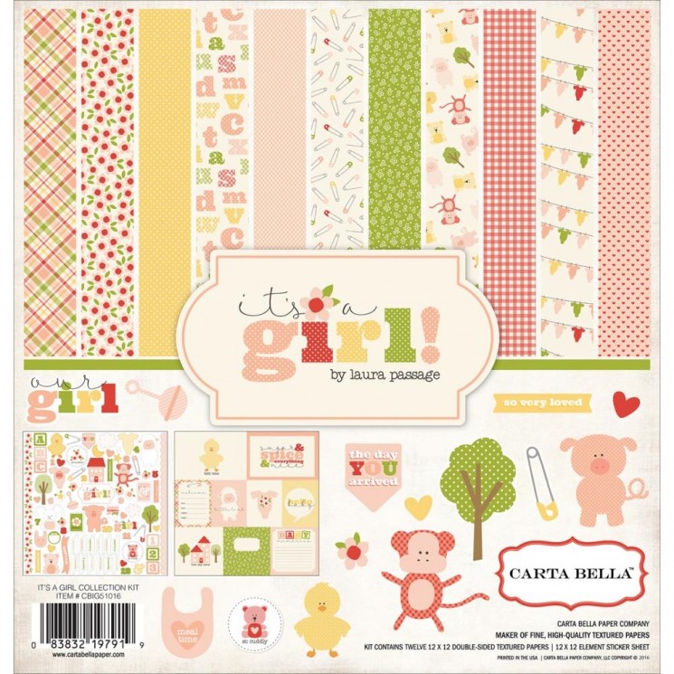 Set of double-sided paper Carta Bella "It's a Girl", 12 sheets, size 30x30 cm, 200g/m2