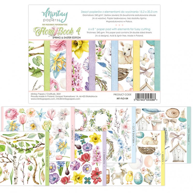 1/4 Set of double-sided Mintay Papers "Flora Book 4", 6 sheets, size 15x20 cm, 240 g /m2