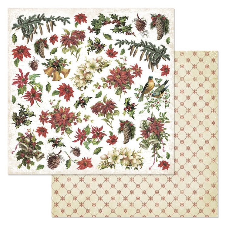 Двусторонний лист "Винтажный Новый Год. Хоровод пуансеттий", размер 30*30 см, 180гр (ScrapMania)