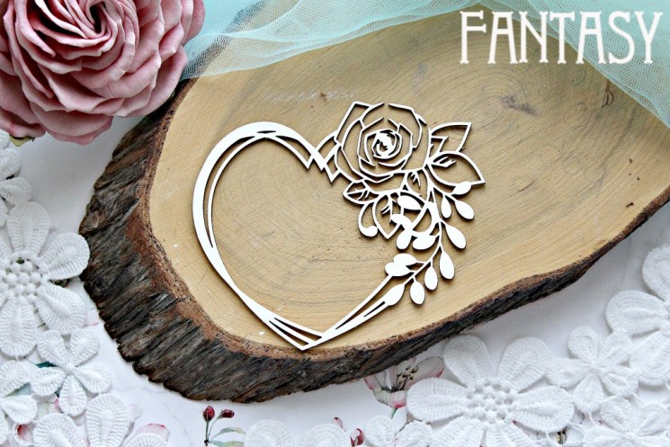Fantasy chipboard "Heart with a rose 722" size 10*9 cm