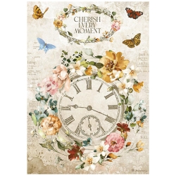 Рисовая бумага STAMPERIA "Garden of Promises cherish every moment clock",размер 21х29,7 см, пл. 28г/м2