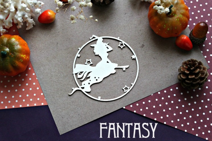 Fantasy chipboard "Witch on a broom in a frame 888" size 9.7*8.7 cm
