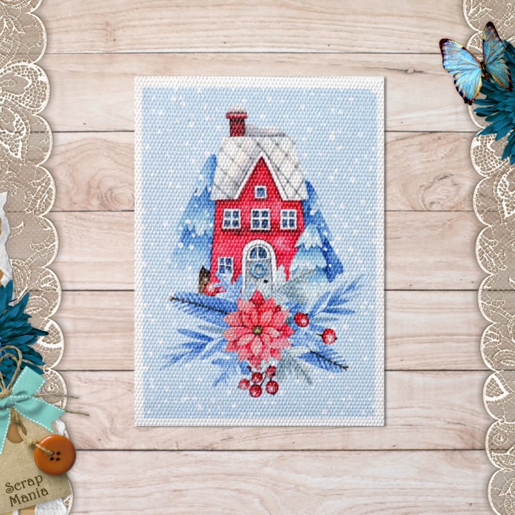 Fabric card " Snowmen. House " size 6.5*9 cm