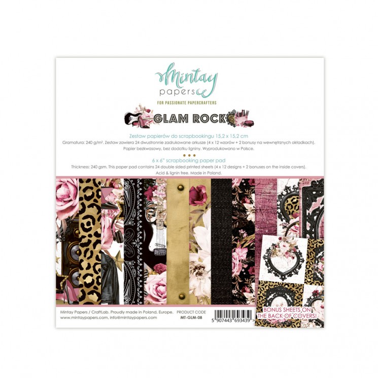 1/4 Set of double-sided Mintay Papers "Glam Rock", 6 sheets, size 15x15 cm, 240 g /m2