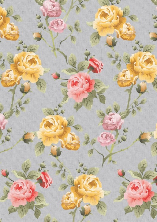 Fabric cut 100% cotton "Large flowers on gray" PEPPY, size 50X55 cm