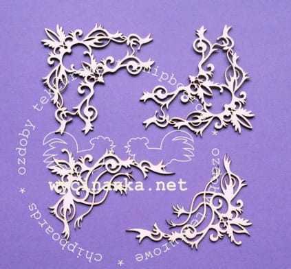 Chipboard wycinanka "Decorative corners", 4 elements, size from 6x8 cm to 7.5 x 7.5 cm (Poland)