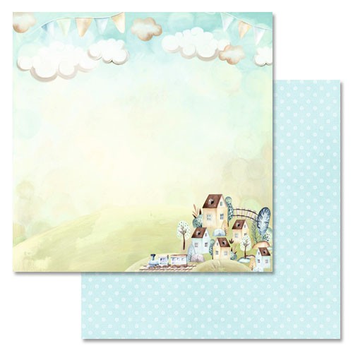 Double-sided sheet of ScrapMania paper "Funny train. Our cozy house", size 30x30 cm, 180 gr/m2