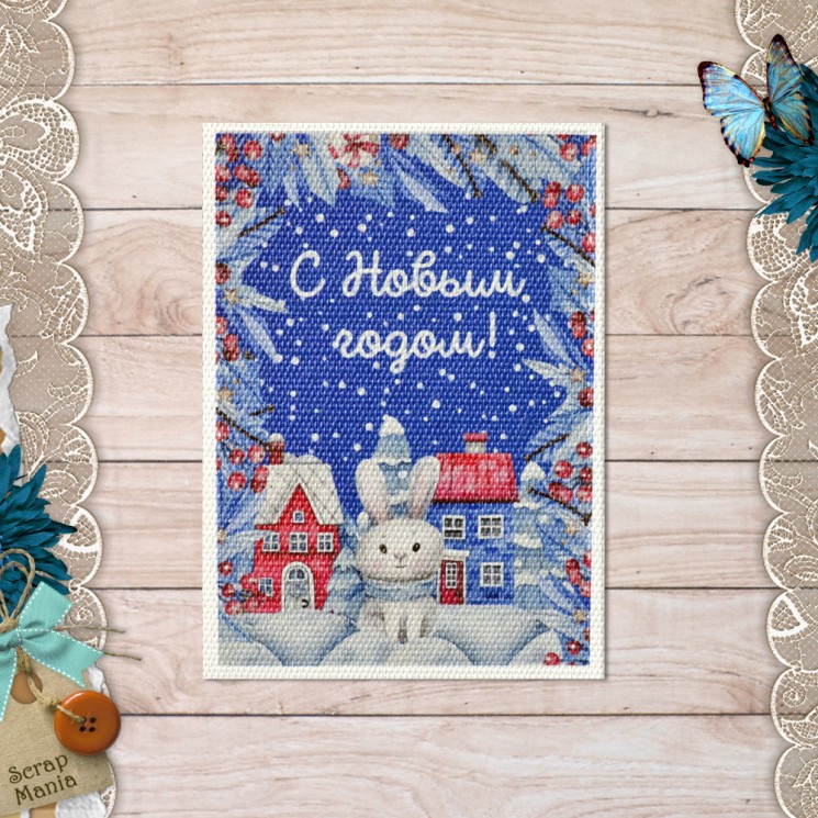Fabric card " Snowmen. Happy New Year! " size 6.5*9 cm