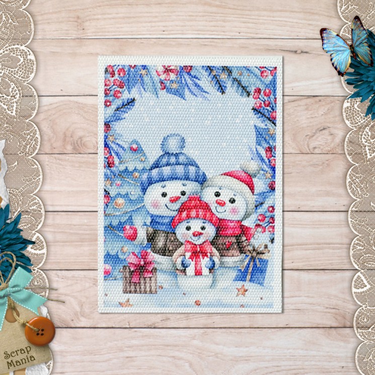 Fabric card " Snowmen. Family" size 6.5*9cm