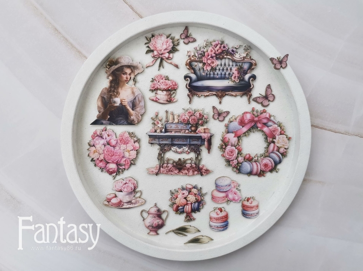 Тканевые высечки Fantasy на картоне 1 мм "Шарман 69", в наборе 19 шт