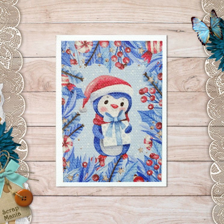 Fabric card " Snowmen. Penguin" size 6.5*9cm
