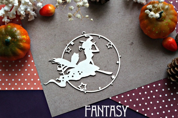 Fantasy chipboard "Witch on a broom with an owl in a frame 908" size 10.2*9.5 cm