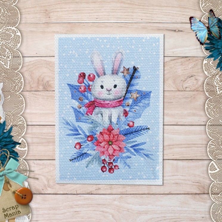 Fabric card " Snowmen. Bunny" size 6.5*9 cm
