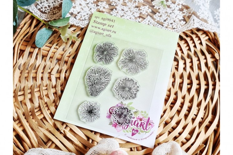 Set of stamps "Flower No.11" from AgiArt, dimensions: 23 mm.; 27 mm.; 23*32 mm.; 24 mm.; 18 mm.; 18 mm