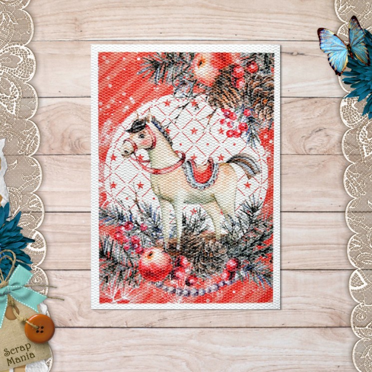 Fabric card "Rosy New Year. Horse" size 7.5*10 cm