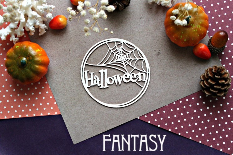 Fantasy chipboard "Halloween inscription with a spider web in a frame 917" size 8.5*8.5 cm