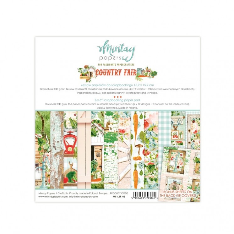 1/4 Set of double-sided Mintay Papers "Country Fair", 6 sheets, size 15x15 cm, 240 gr/m2