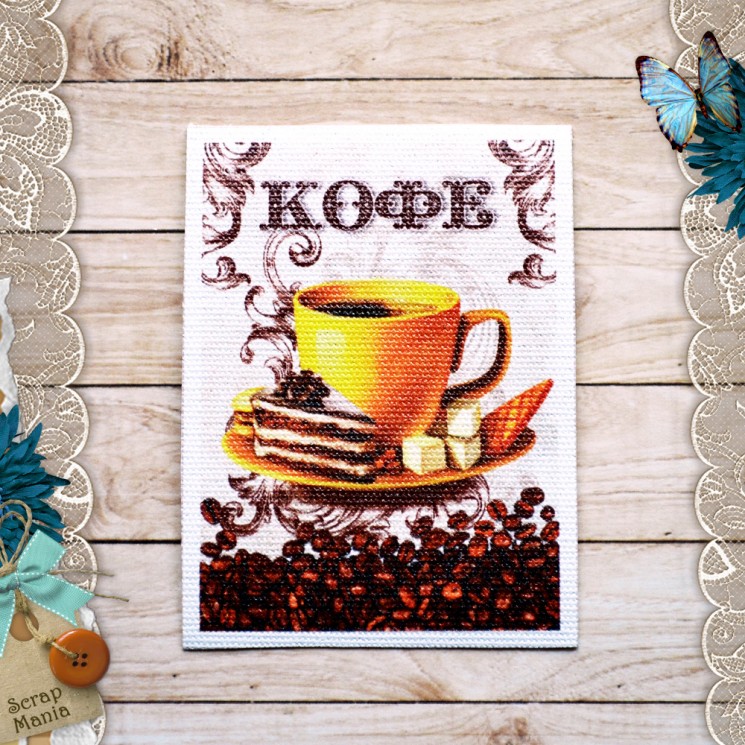 Fabric card " Magic of coffee. For you " size 6.5*9 cm (ScrapMania)