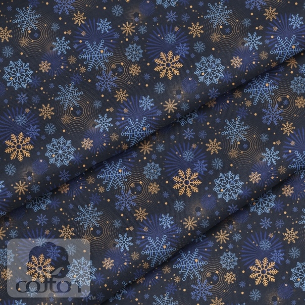 Ткань 100% хлопок Польша "Синие снежинки", размер 50Х50 см, плотность 150 гр/м2