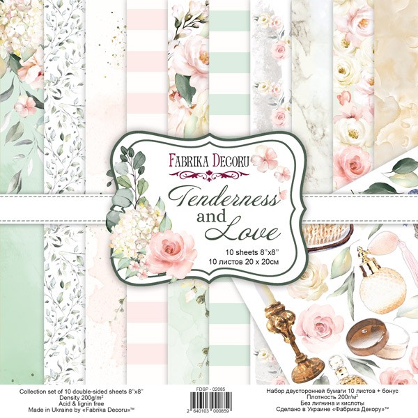 A set of double-sided paper for the Decor "Tenderness and love",10 sheets, size 20x20 cm, 200 gr/m2